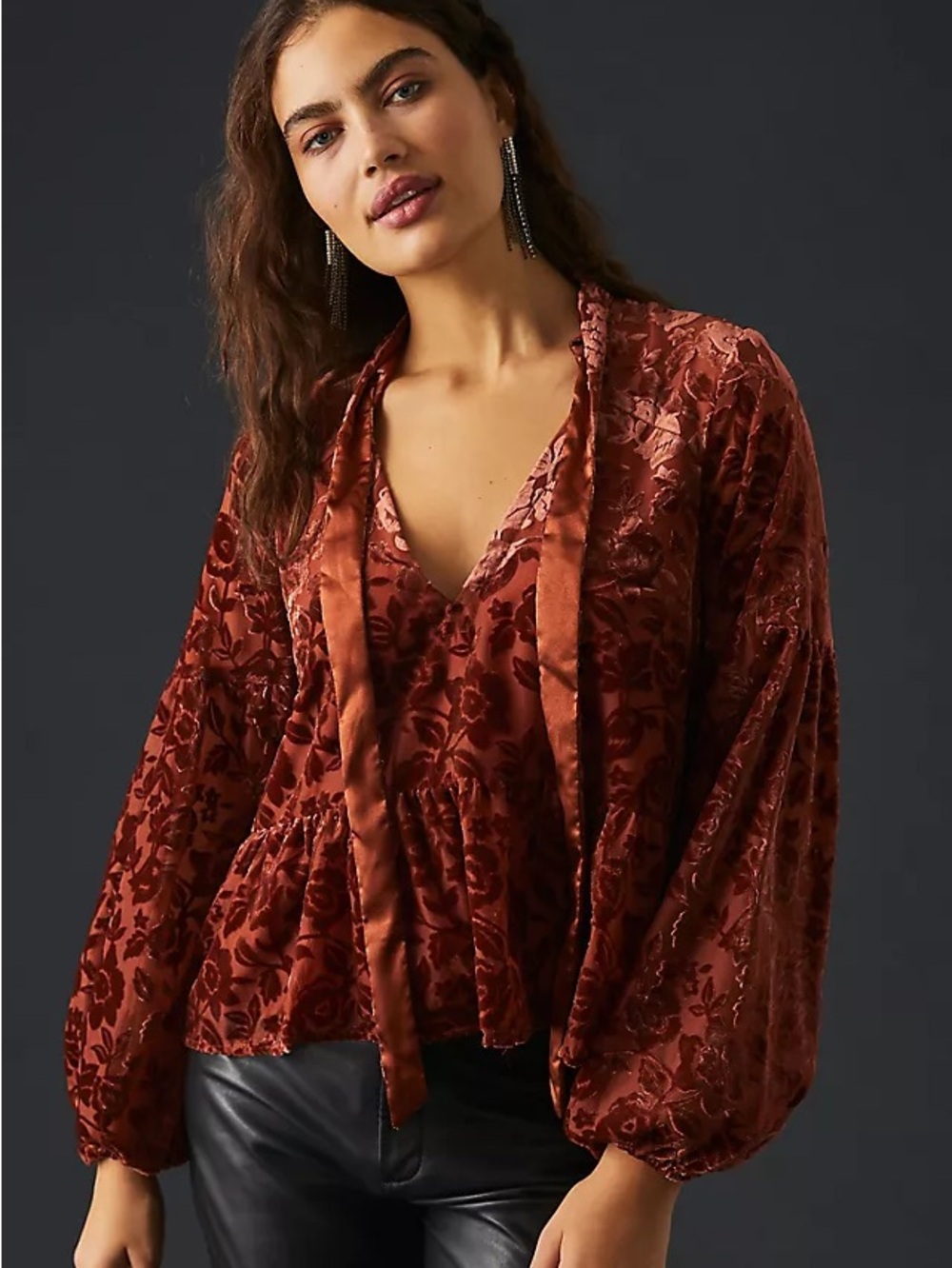 Anthropologie Rust Floral Velvet Tie-Neck Long Sleeve Peplum Blouse Size Medium